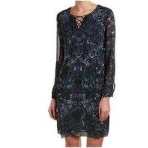 CAbi Noel Eternity Damask Lace-Up Long Sleeve Shift Dress Blue Green Size medium